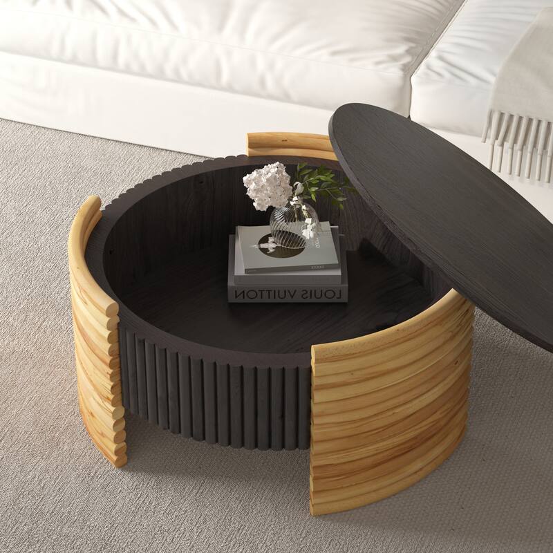 GDFStudio Kael Two-Tone Flip Top Coffee Table with Fluted Texture - Dark Brown