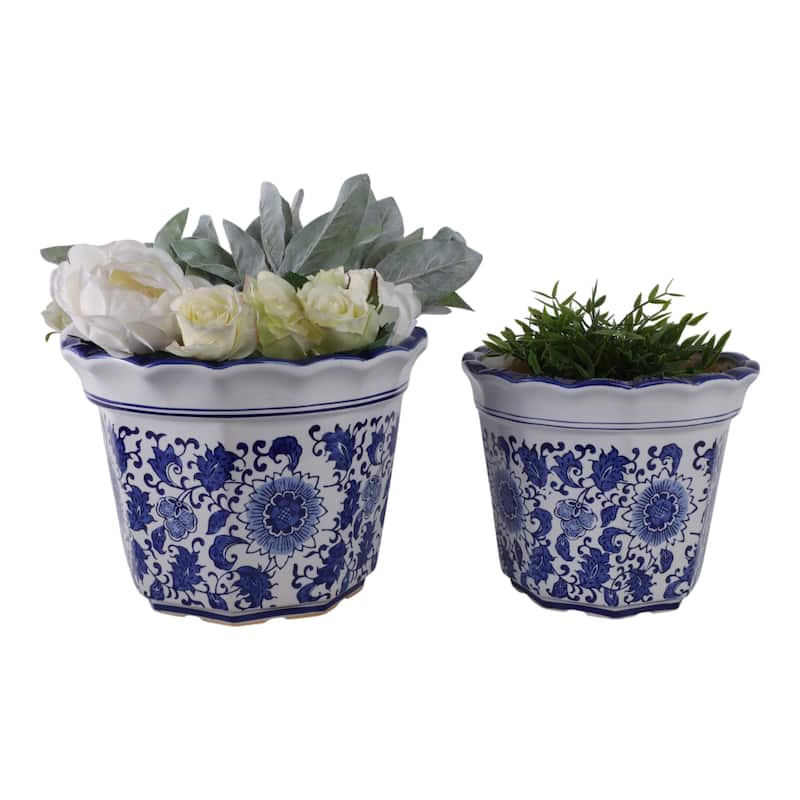 Stoneware Planters Scalloped Edge and Floral Relief Detail (Set of 2)