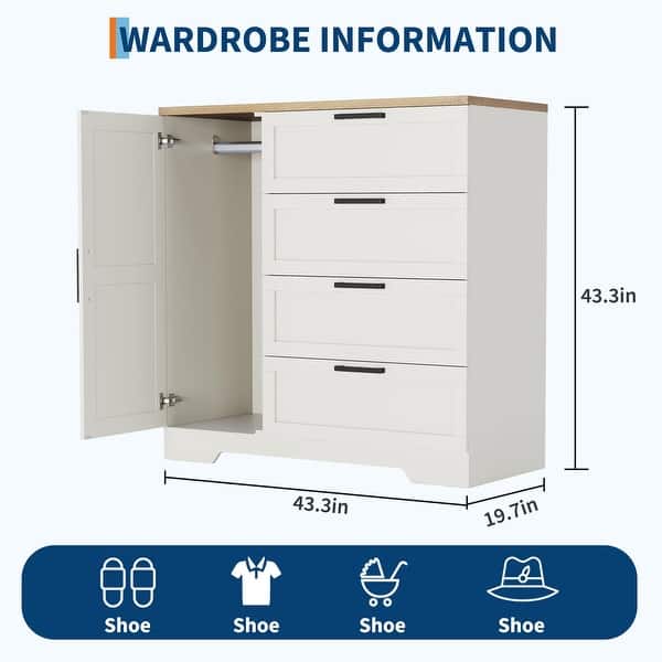 dimension image slide 2 of 3, 43.3'' Small Wardrobe Closet, Wardrobe Cabinet with Door, 4 Drawers and Handing Rod, Wooden Clothes Cabinet