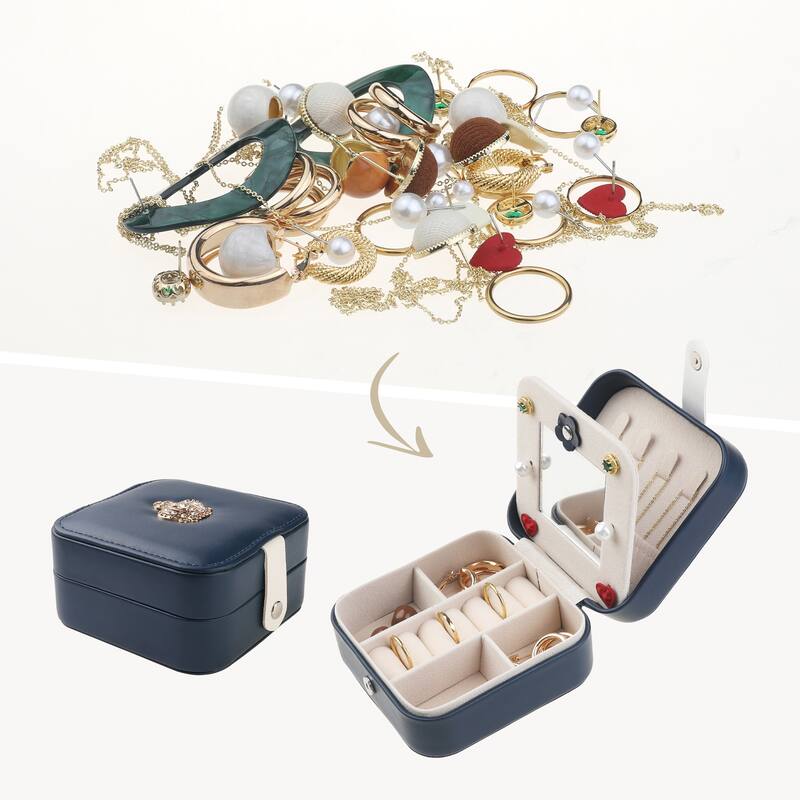 Travel Jewelry Box with Mirror, Mini Portable PU Leather Jewelry Organizer Case Storage Display Holder - 11*11*5.8cm - Navy Blue