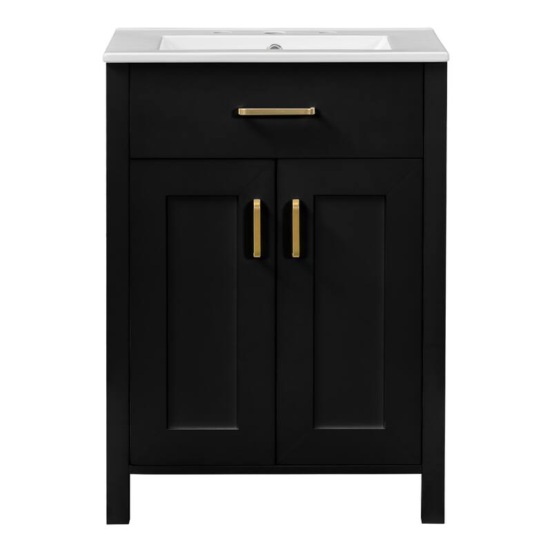 24-Inch Modern Bathroom Vanity with Ceramic Sink, Soft-Close Doors, Adjustable Shelves, Golden Handles, Compact Design