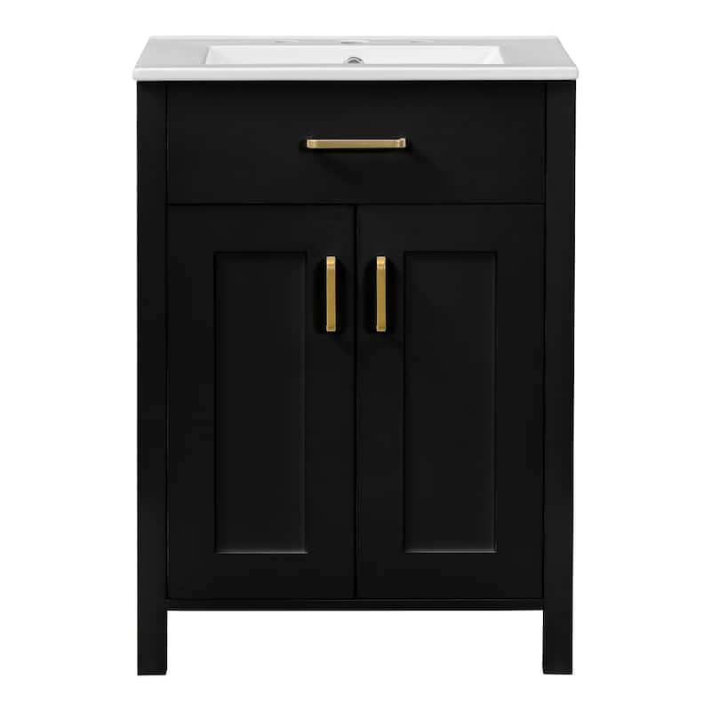 Bathroom Vanity Compact Freestanding Adjustable Cabinet with Door Storage Racks, Flip Down Drawer and Golden Handles