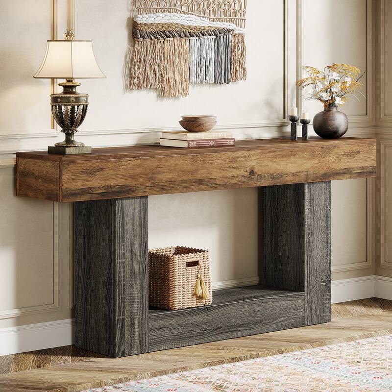 63 Inches Brown and Gray Narrow Long Wood Console Table for Entryway