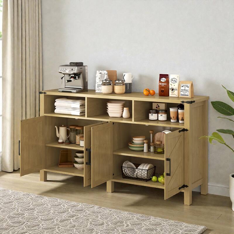 59" Modern 4-Door Sideboard with Power Outlets, USB Ports, Adjustable Shelves & Half-Open Storage Cabinet