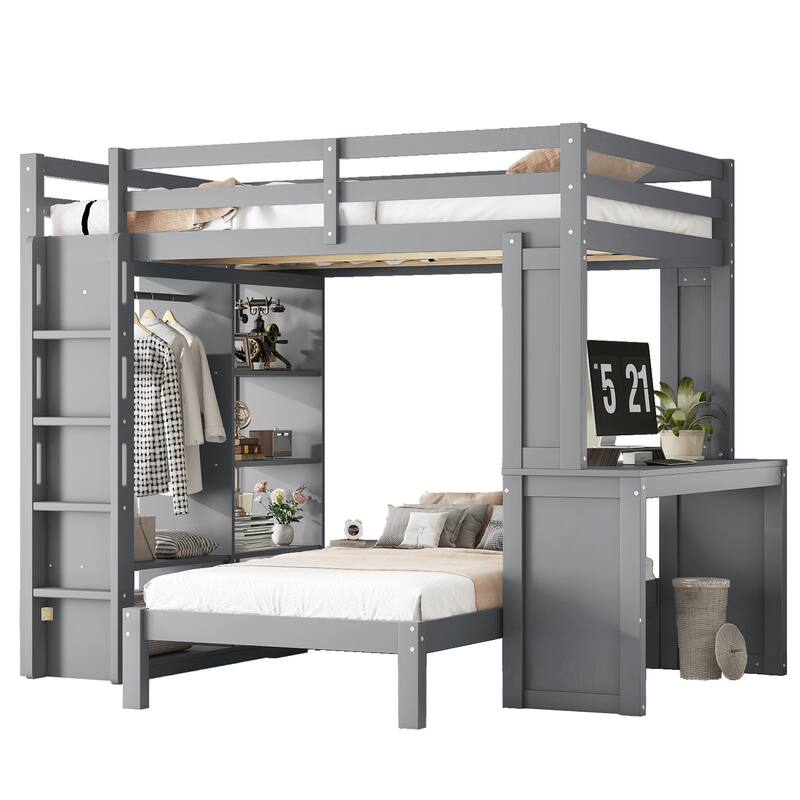 Roomfitters Full/Queen Solid Wood Bunk Bed with Dismountable Lower Bed, Desk, Shelves & Wardrobe, Convertible Loft