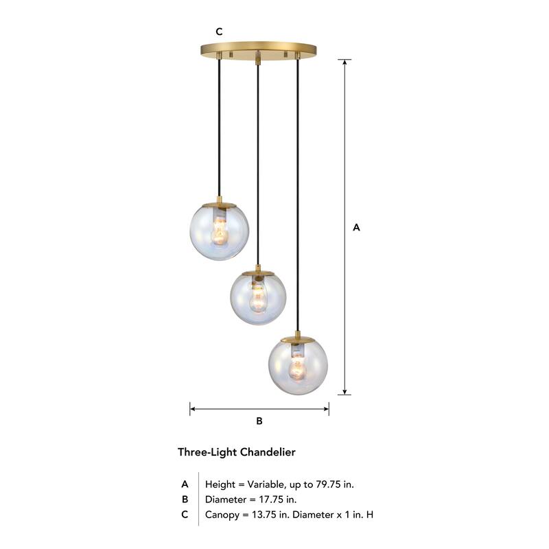 Neva 3-Light Brushed Gold Transitional Globe Chandelier for Entryways with 7 in. Clear Iridescent Glass Shades - 17.75