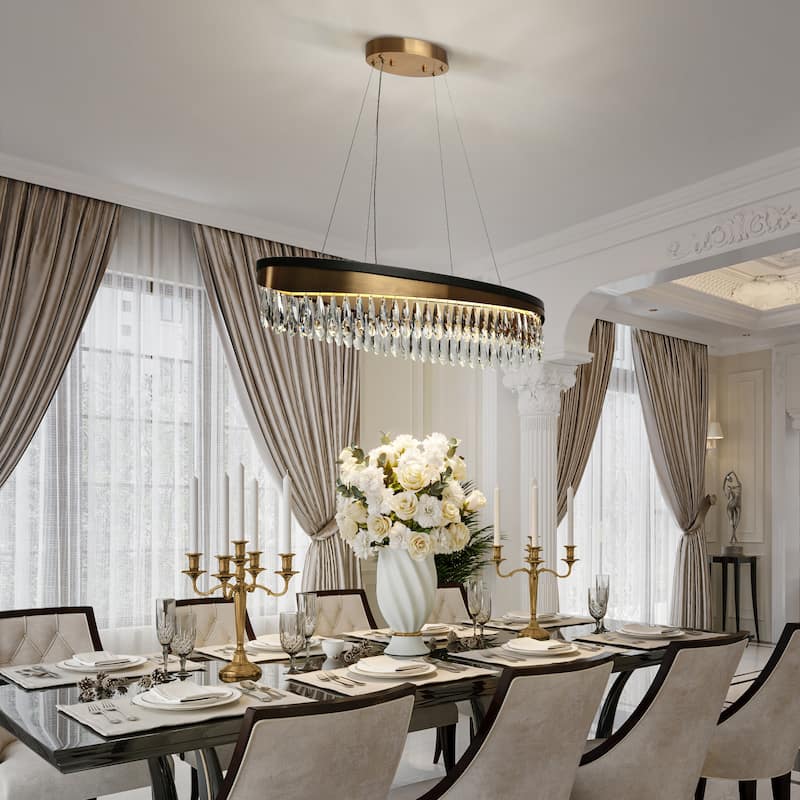 Modern 1-Light LED Crystal Chandelier Black Gold Linear Island Lights for Dining Room - D31.5" x H6"