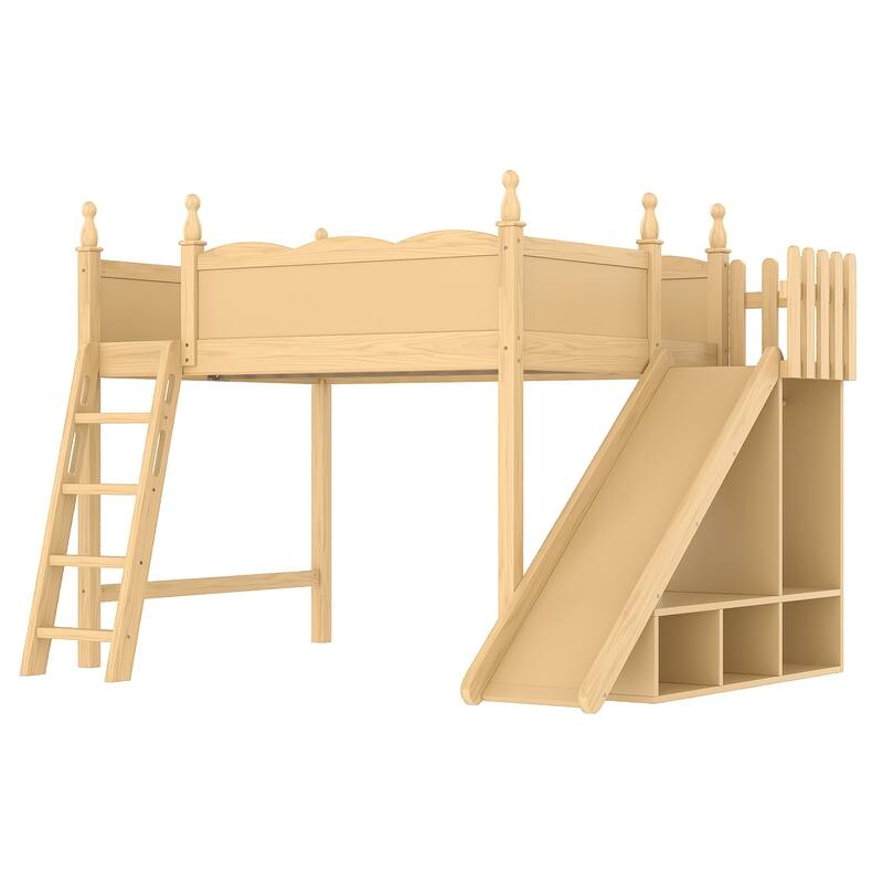 Full Loft Bed with Storage Shelves and Wardrobe, Solid Wood Loft Beds with Detachable Slide and Ladders, No Spring Box Needed