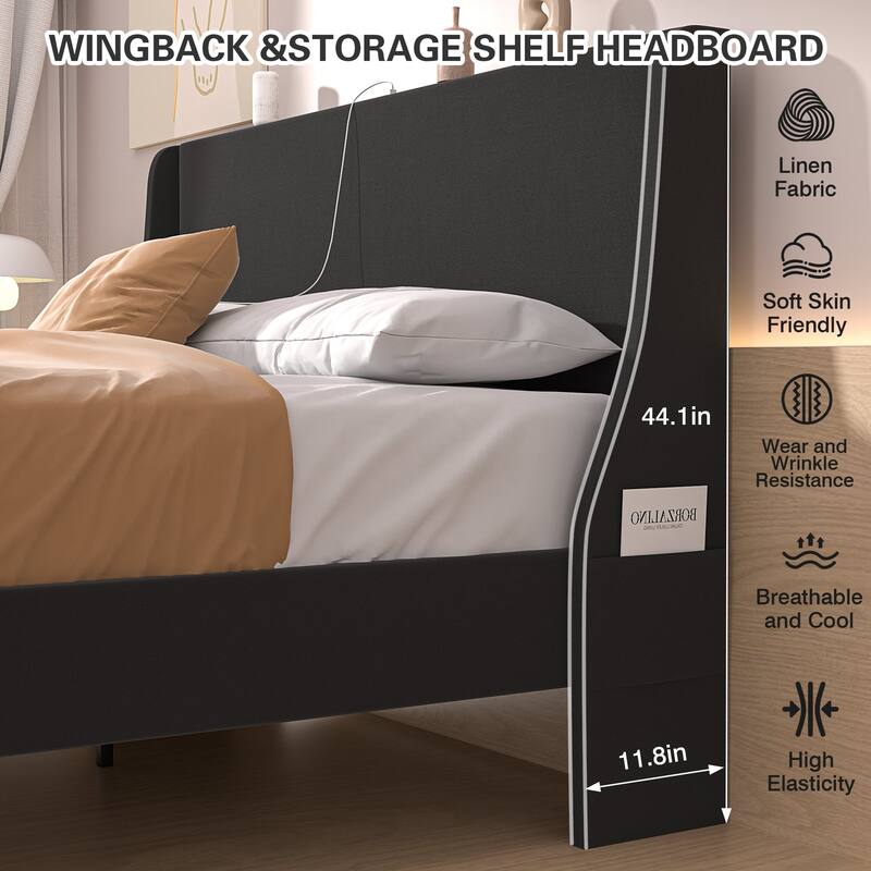 VECELO Bed Frame with Upholstered Wingback Headboard,Platform Bedframe with Charging Station & Side Pockets