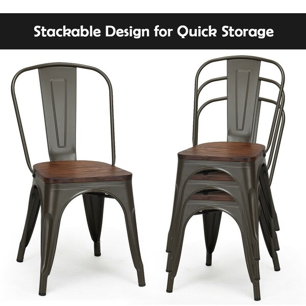 Costway Set of 4 Style Metal Dining Side Chair Wood Seat Stackable