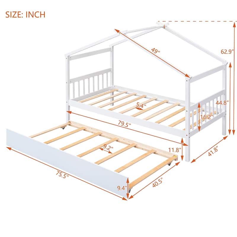 Wooden Playhouse Daybed Platform Bed with Twin Trundle & Roof for Kids Bed Bath & Beyond