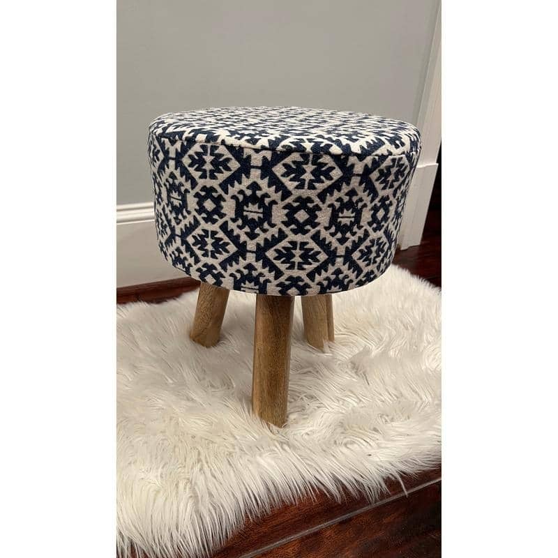 HERAT ORIENTAL Wooden Round Upholstered Cloth Stool - 14"W x 14"D x 17"H