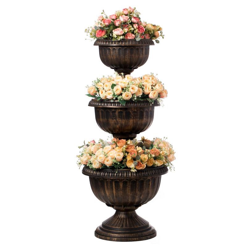Garden Triple Stacked Flower Bowl Urn Tier Planter Decoration - Brown
