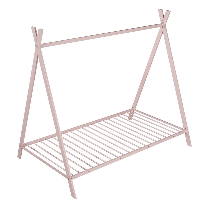 Twin Size Metal House Bed Frame for Kids with Slats, No Box Spring Needed, Pink