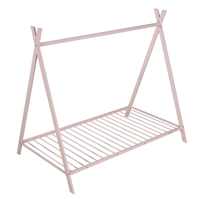 White Metal Twin House Bed Tent Frame with Slat, No Box Spring Needed