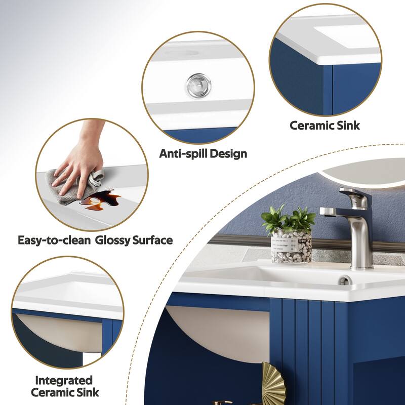 20" Freestanding Bathroom Vanity with Ceramic Sink, Soft-Close Door and Half-Moon Pull, French Style Cabinet