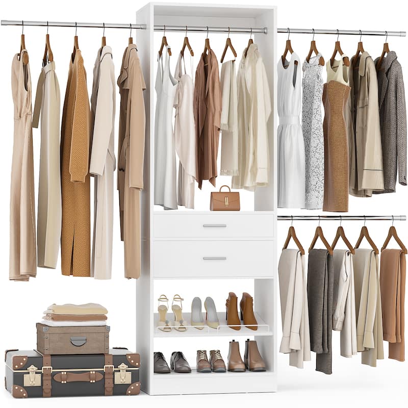 69-96" W Adjustable Closet System with 2 Wooden Drawers and 2 Hanging Rods,Closet Organizer with Shoe Rack for Walk-in/Reach-in