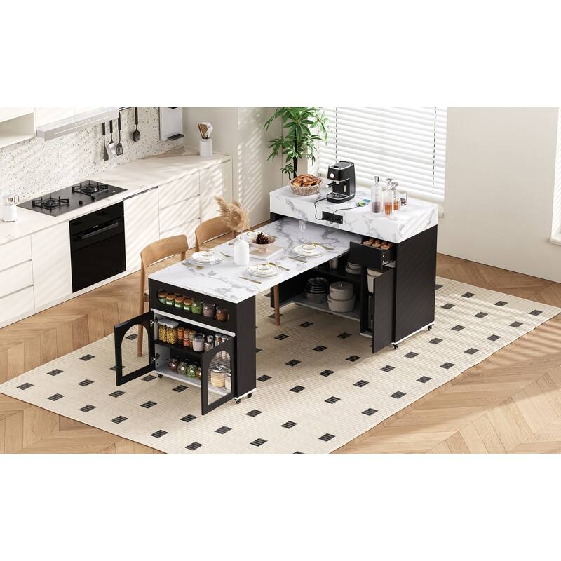 Rolling Kitchen Island with Extendable Table, Drawers, Power Outlet and Brake lock, Storage Cabinet