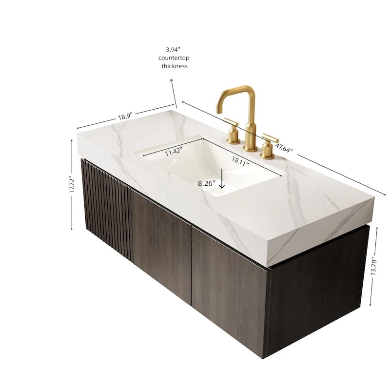 Floating Bathroom Vanity with Sintered Stone Top & Undermount Ceramic Basin with Three Pre-drilled Faucet Holes