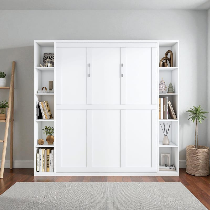 Queen Murphy Wall Bed with Side Storage Cabinets, 89.7in Folding Hidden Bed, Hydraulic Assist, Solid Wood Slats