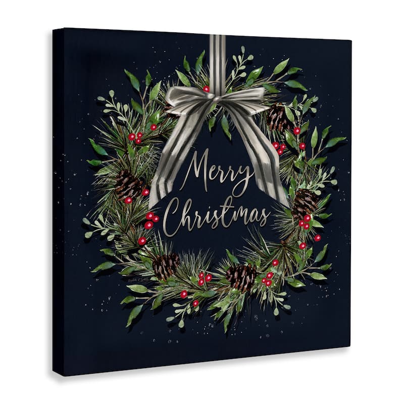 Stupell Hanging Christmas Wreath with Bow Canvas Wall Art Design By Elizabeth Tyndall