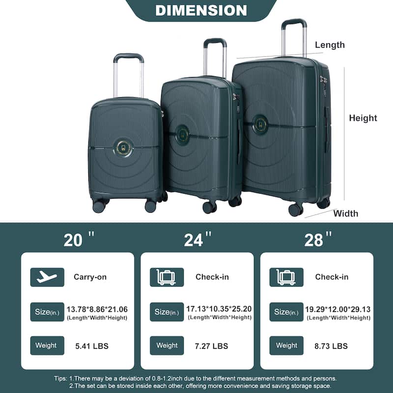 3-Piece, Luggage Sets, Hard-Shell Luggage with 2 Swivel Wheels and TSA Lock, for Boarding Travel, Green