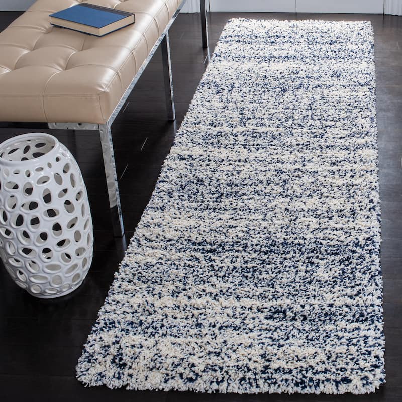 SAFAVIEH Hudson Shag Justine Modern 2-inch Thick Rug - 2'3" x 8' Runner - Ivory/Navy - Runner