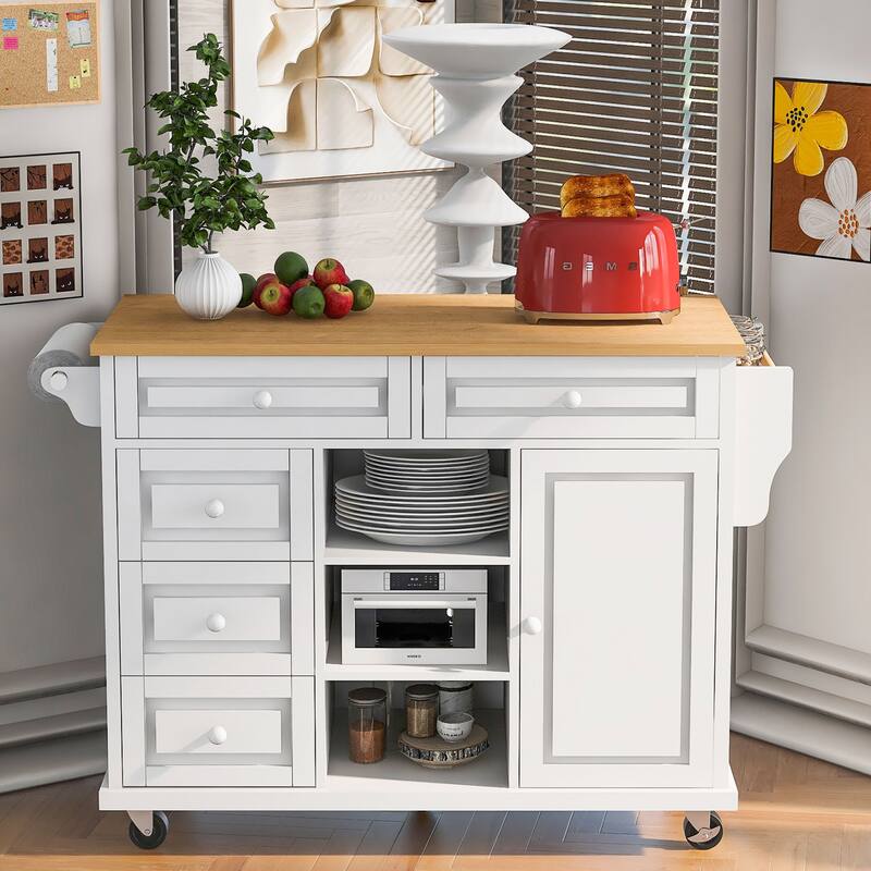 Rolling Kitchen Island Cart with Rubber Wood Top, 5 Drawers, Storage Cabinet & Adjustable Shelves - 53" Black - White