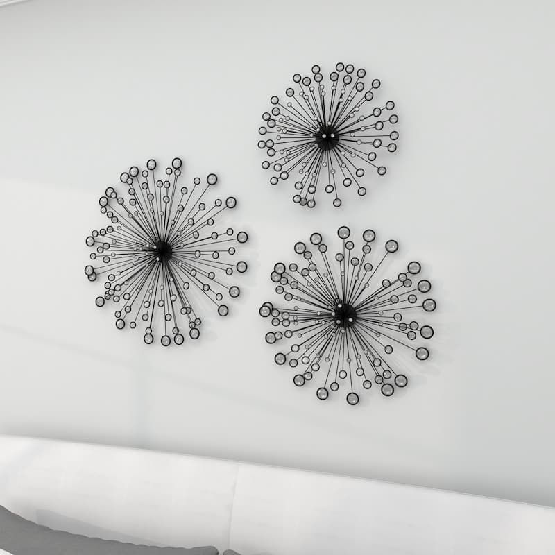 Black Metal Starburst Home Wall Decor with Crystal Embellishments (Set of 3)