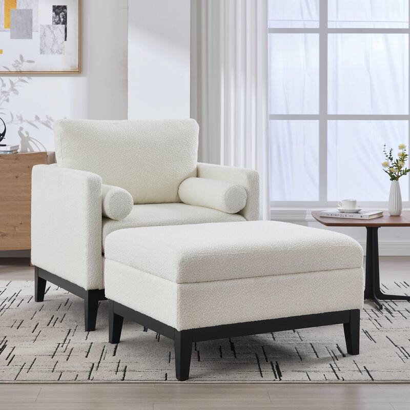 Boucle Armchair with Storage Ottoman - 300lb Capacity, Farmhouse Style