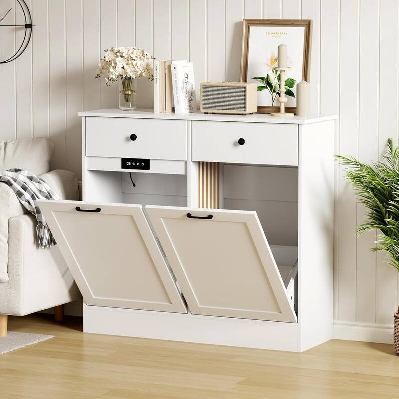 Double Tilt Out Trash Cabinet 20 Gallon with Deodorizing Function - White