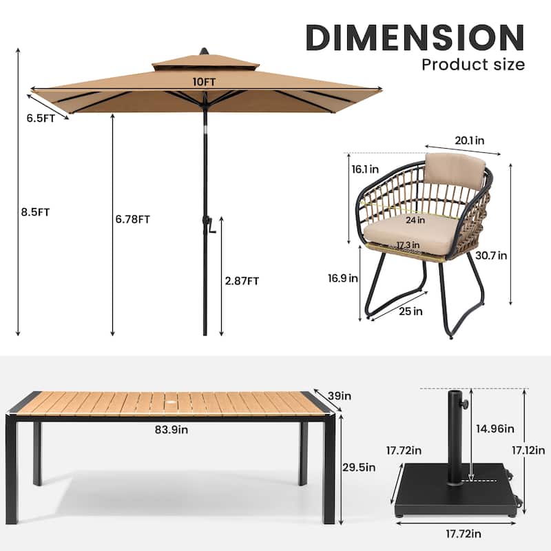 9/11-Piece Outdoor Dining Set Aluminum Table and Rattan Chairs w/10 ft Market Umbrella and Base