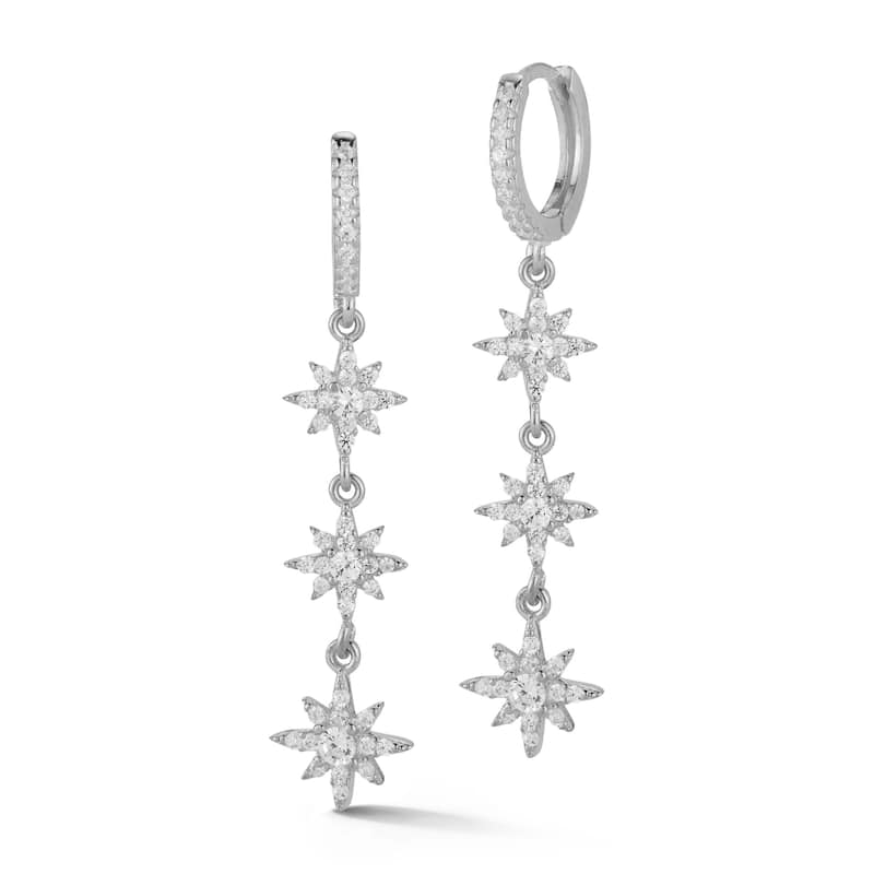 Soleil Sterling Silver Cubic Zirconia Triple Star Drop Earrings - White