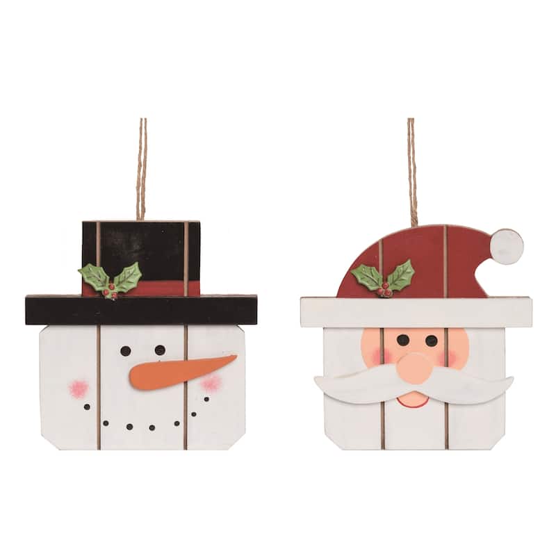 Transpac Wooden Santa/Snowman Head Ornament Set of 2 Christmas Home Decorations