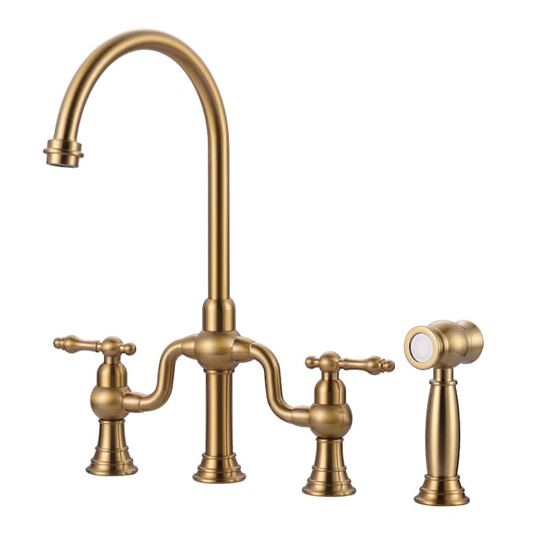 WOWOW Double Handle High Arc Bridge Kitchen Faucet with Side Sprayer - Gold