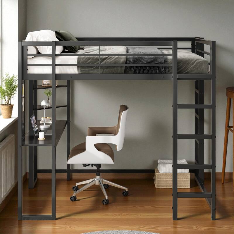 Full Size Metal Loft Bed with Desk, Storage Shelves & Guardrails, Space-Saving Workstation Loft Frame for Teens & Adults