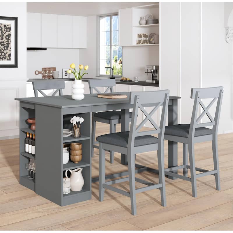 Kitchen Island Dining Table Set for 4,Farmhouse Dining Set w/3-Tier Storage Shelves，Upholstered Dining Chairs - Blue