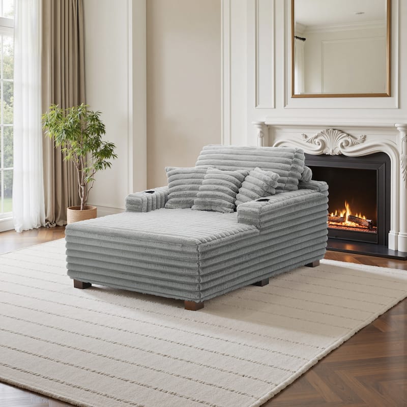 Indoor Oversized Plush Chaise Lounge with Pillows and Cup Holder