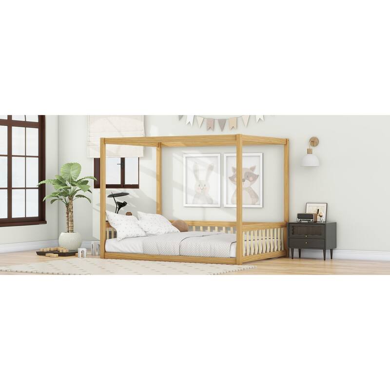Roomfitters Full Canopy Floor Bed Frame with Rubber Wood Structure, Safety Guardrails, Low Profile Platform Design