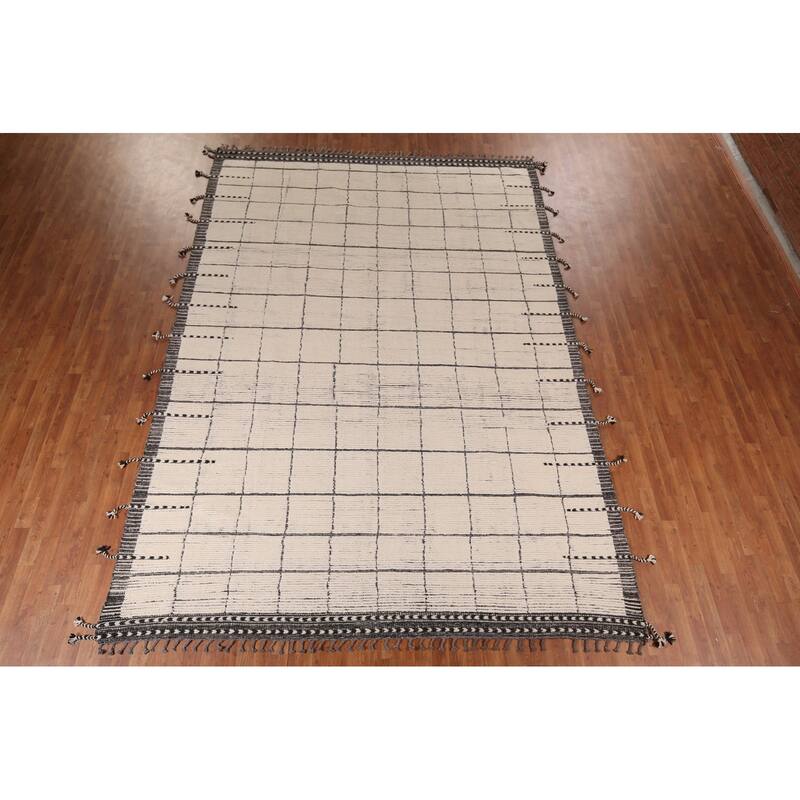 Checkered Moroccan Oriental Area Rug Hand-Knotted Wool Carpet - 8'11" x 12'9"