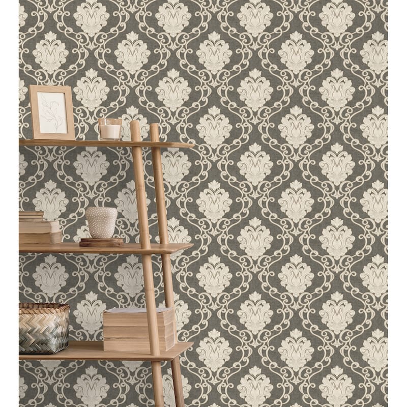 Fine Decor Florentine Charcoal Damask Wallpaper