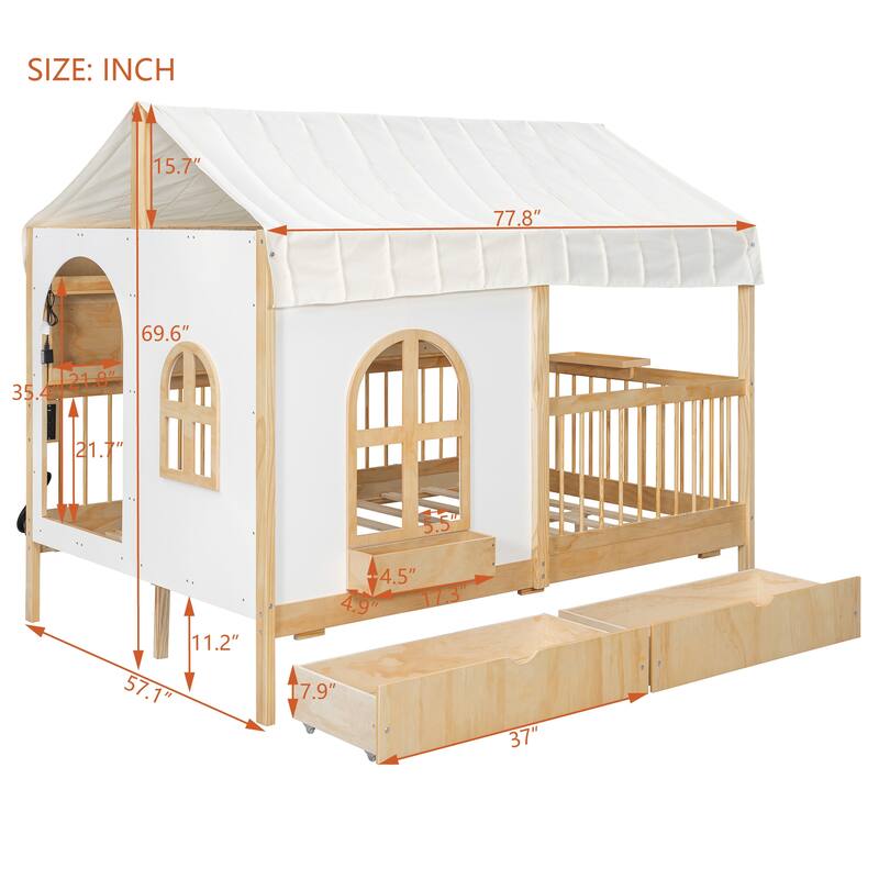 Full-Size House Bed with Bookshelf, USB Charging Station & Tent Roof by Harper&Bright Designs