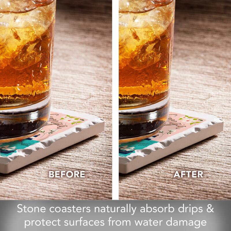 Georgia Home 4-Pack Absorbent Stone Coasters with Protective Cork Backing 4" Square Made in The USA Artistic Easily Wipes Clean