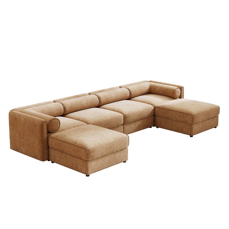 142.5" Extra Large U-Shaped Chenille Sectional Sofa with Storage Ottoman and Cylindrical Backrest(4-Seater Modular Design)