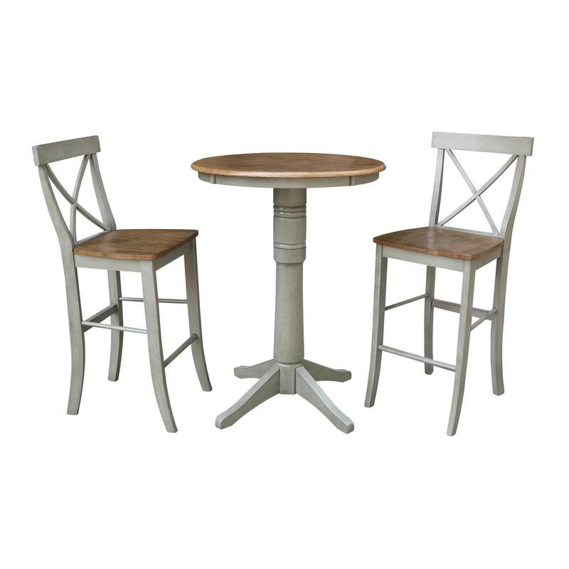 30" Round Pedestal Bar Height Table With 2 X-Back Bar Height Stools - Set of 3 Pieces