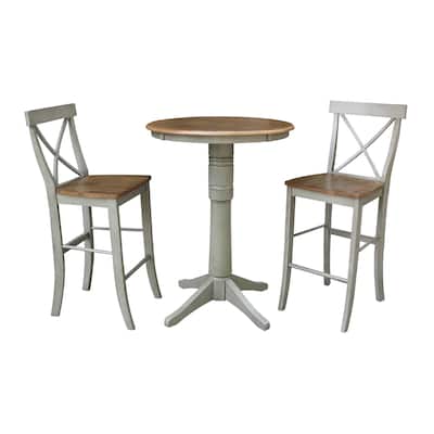 30" Round Pedestal Bar Height Table With 2 X-Back Bar Height Stools - Set of 3 Pieces