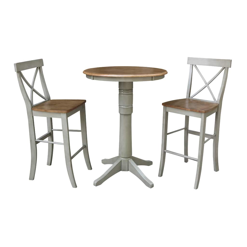 30" Round Pedestal Bar Height Table With 2 X-Back Bar Height Stools - Set of 3 Pieces