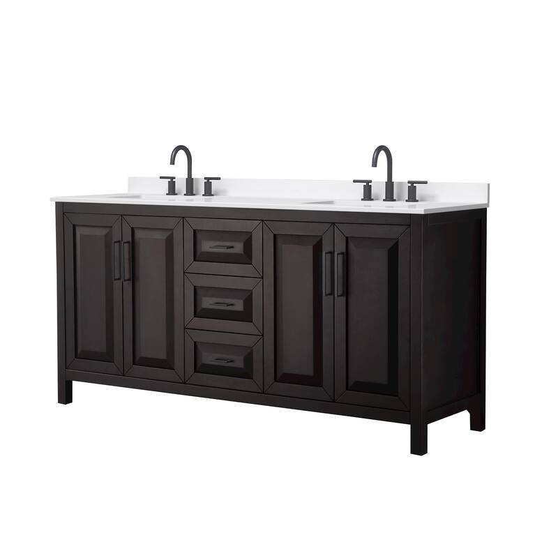 Daria 72-inch Double Vanity, 3 Hole Quartz Top - Dark Espresso, Black Trim, White Quartz Top