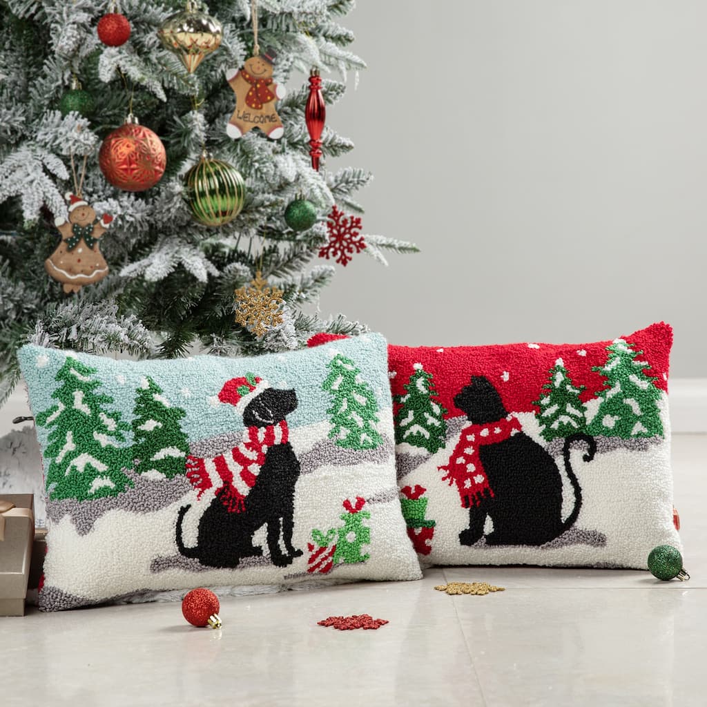 Glitzhome 18"L x 12"H Hooked Christmas Cat Dog Pillow Cushion for Xmas Sofa Home Decor