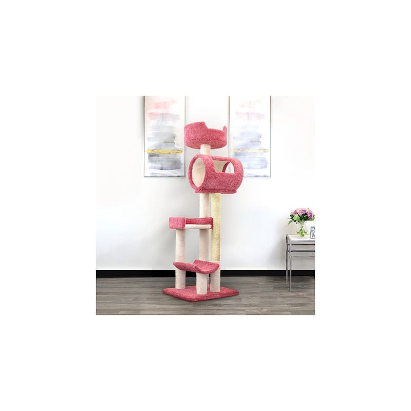 Solid Wood Multi-Level Cat Tower with Hammock, Tunnel and Sisal Rope Posts for Indoor Cats